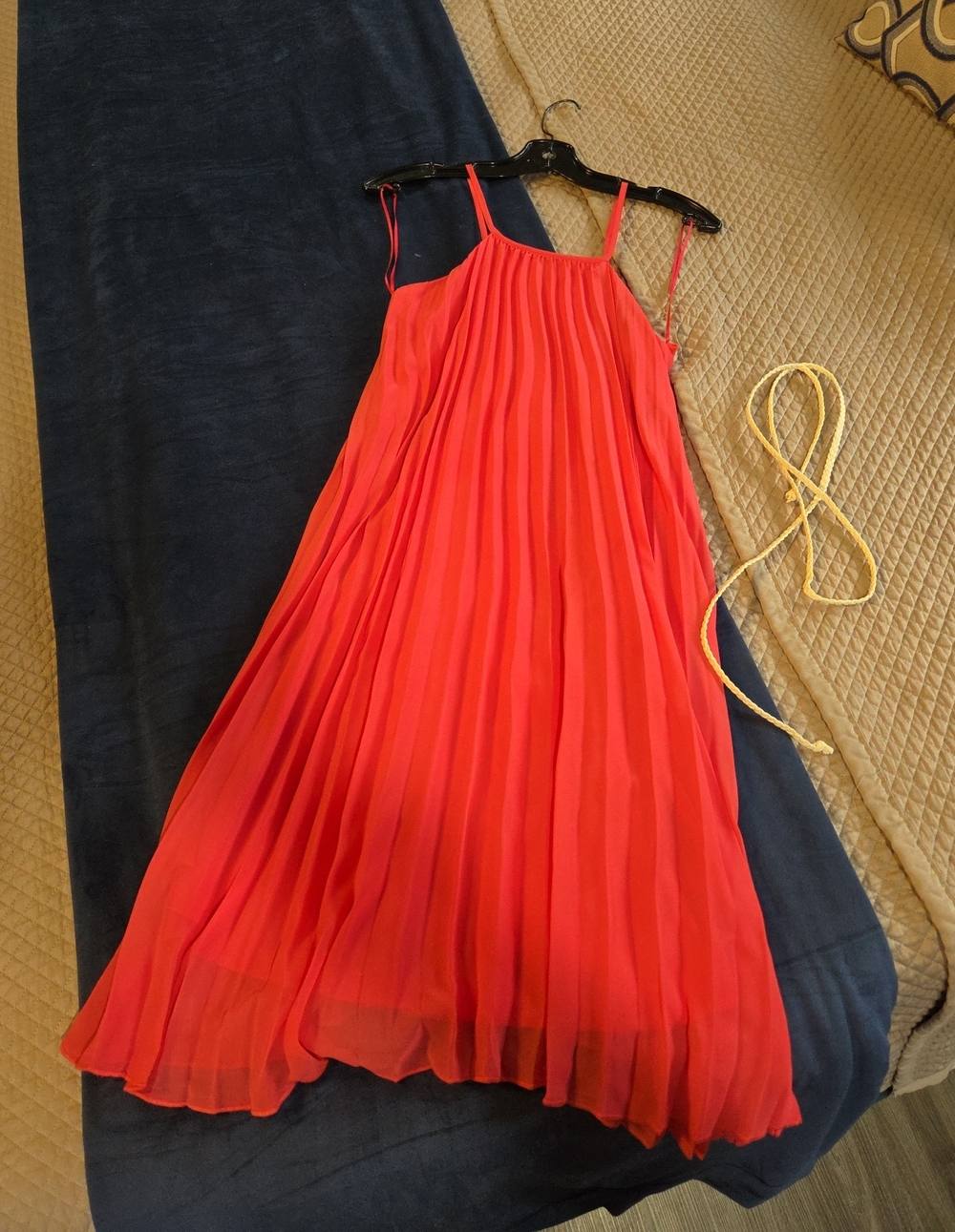 Molly Bracken Coral-Red Pleated Spaghetti-Strap Dress